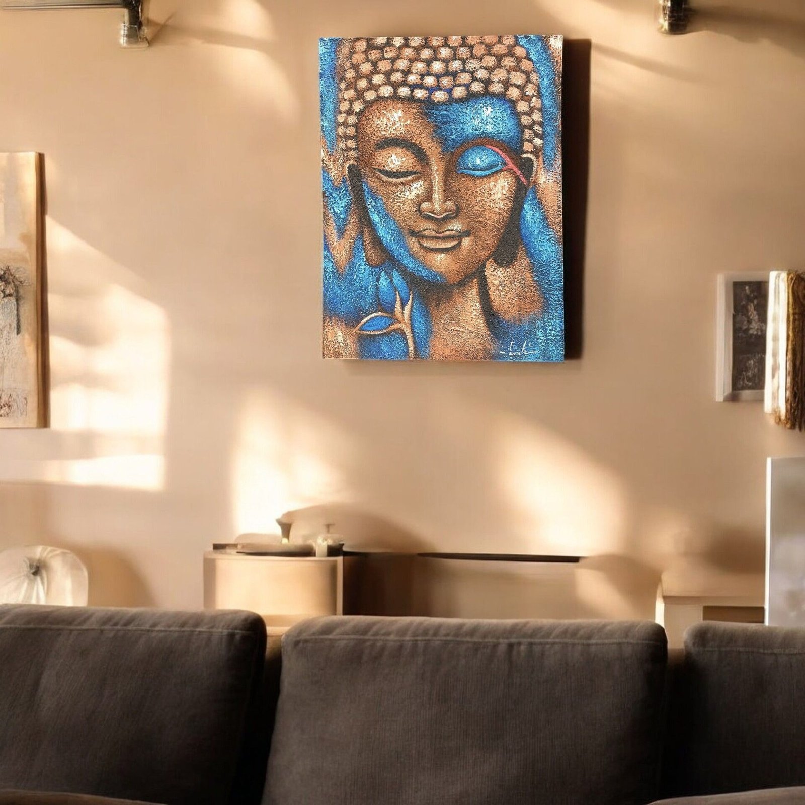 Pintura de Buda - Flor Bronce y Azul - Imagen 4