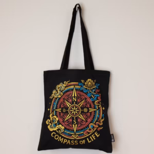 Bolso tote icónico y clásico - Brújula de la Vida - Negro 6oz