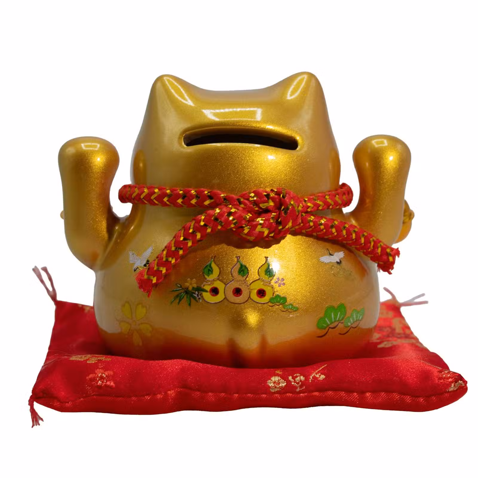 Hucha de cerámica con Gato de la Suerte - Dorado sobre cojín - Imagen 3