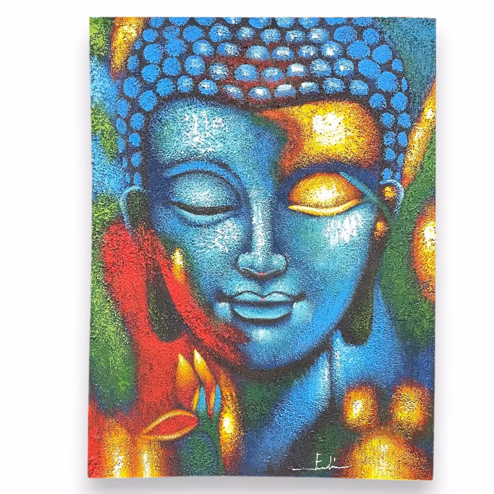 Pintura de Buda - Flor azul y dorada 76x55 cm.