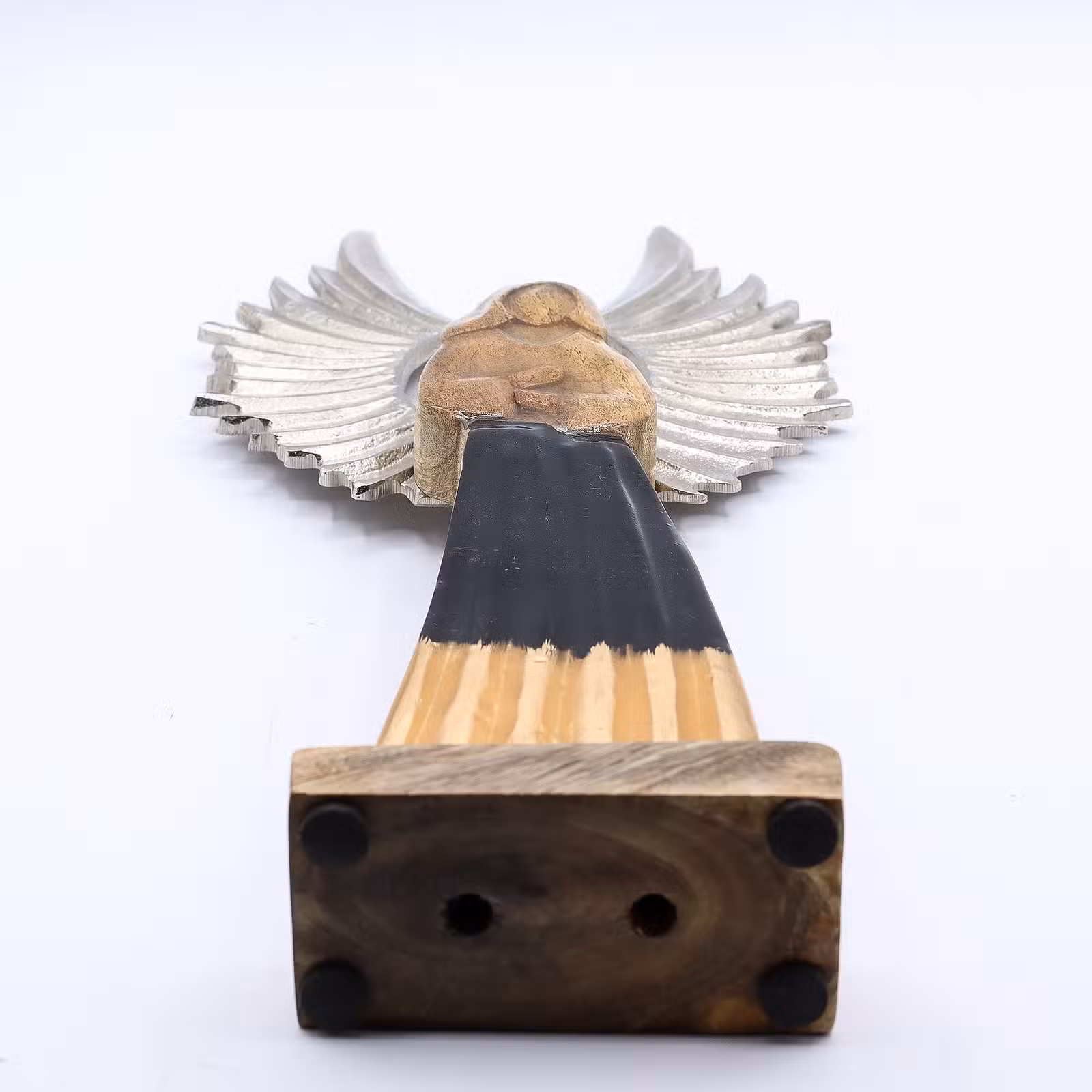 Ángel guardián de madera de mango grande, alas de metal y detalle esmaltado 40 cm. - Imagen 2