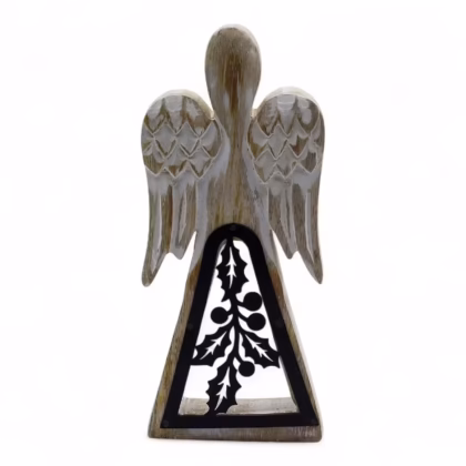 Ángel de madera de mango - acabado lavado blanco con recorte decorativo de hierro
