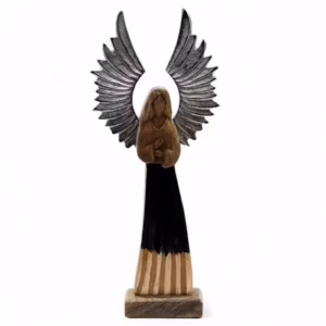 Ángel guardián de madera de mango grande, alas de metal y detalle esmaltado 40 cm.