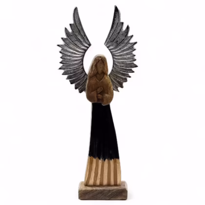 Ángel guardián de madera de mango grande, alas de metal y detalle esmaltado 40 cm.