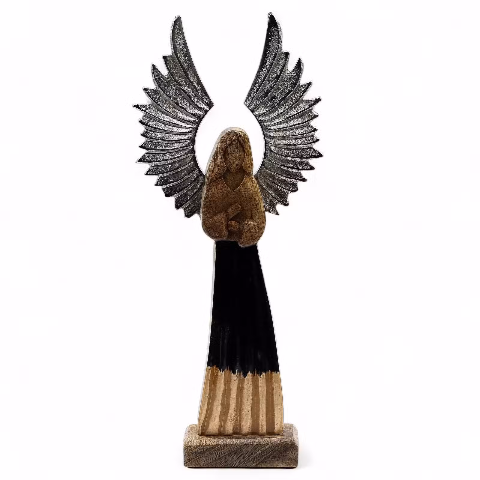 Ángel guardián de madera de mango grande, alas de metal y detalle esmaltado 40 cm.