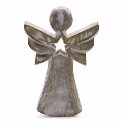 Ángel de madera de mango - blanqueado con recorte de estrella