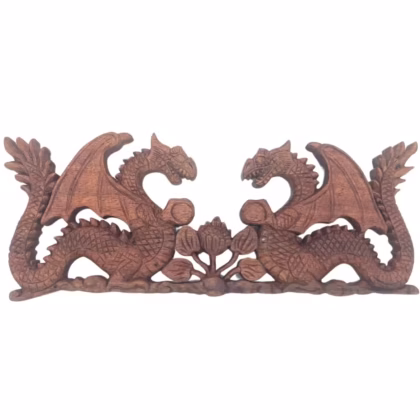 Panel de Madera Tallada - Dos Dragones Frente a Frente - 40x15 cm.