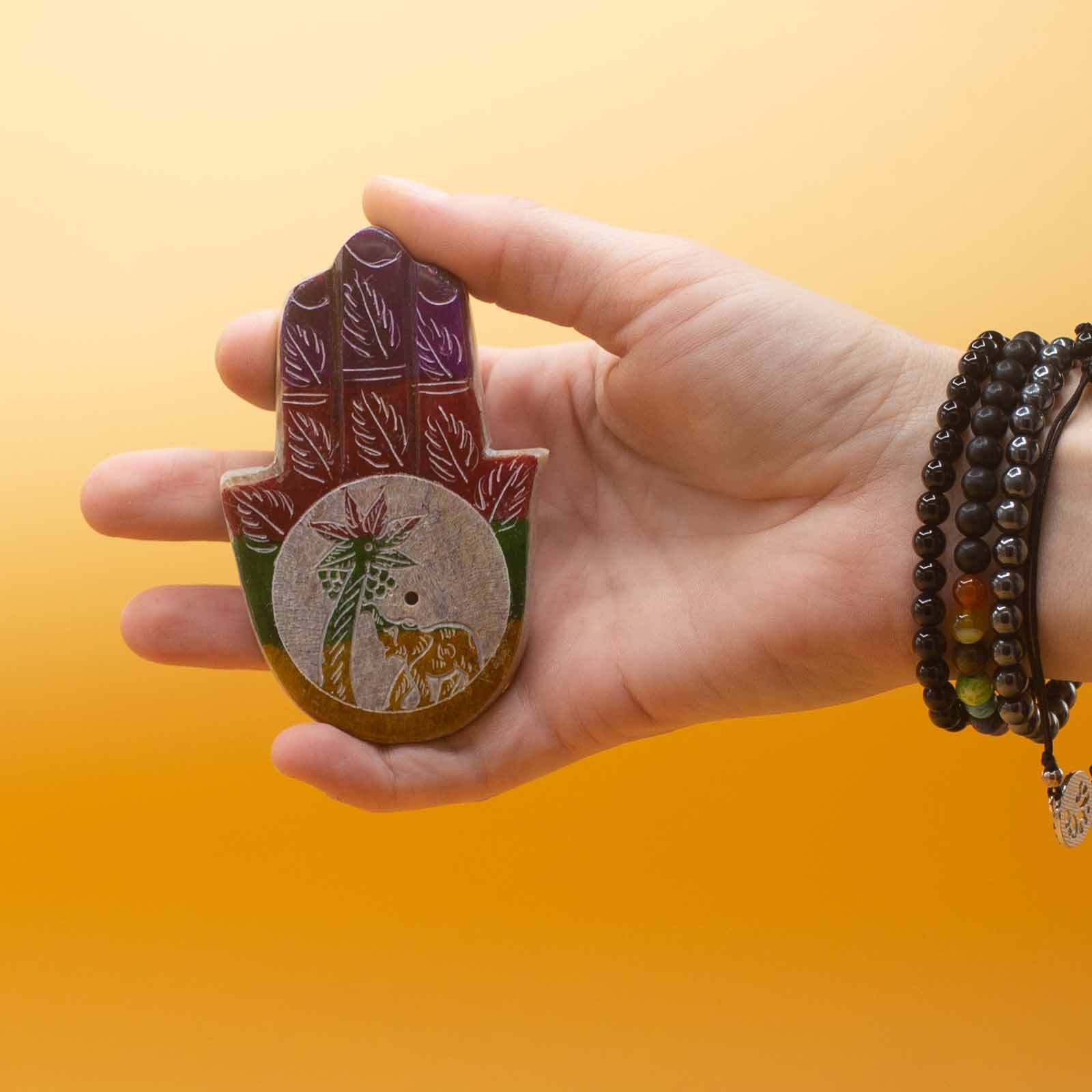 Porta Incienso Hamsa de Esteatita 9x6cm - Elefante y Palma - Imagen 2