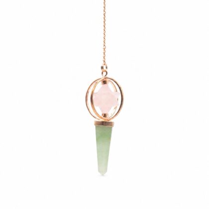 Péndulo Especial Brújula del Corazón: Estrella Merkaba Giratoria en Cobre, Cuarzo Rosa y Aventurina Verde