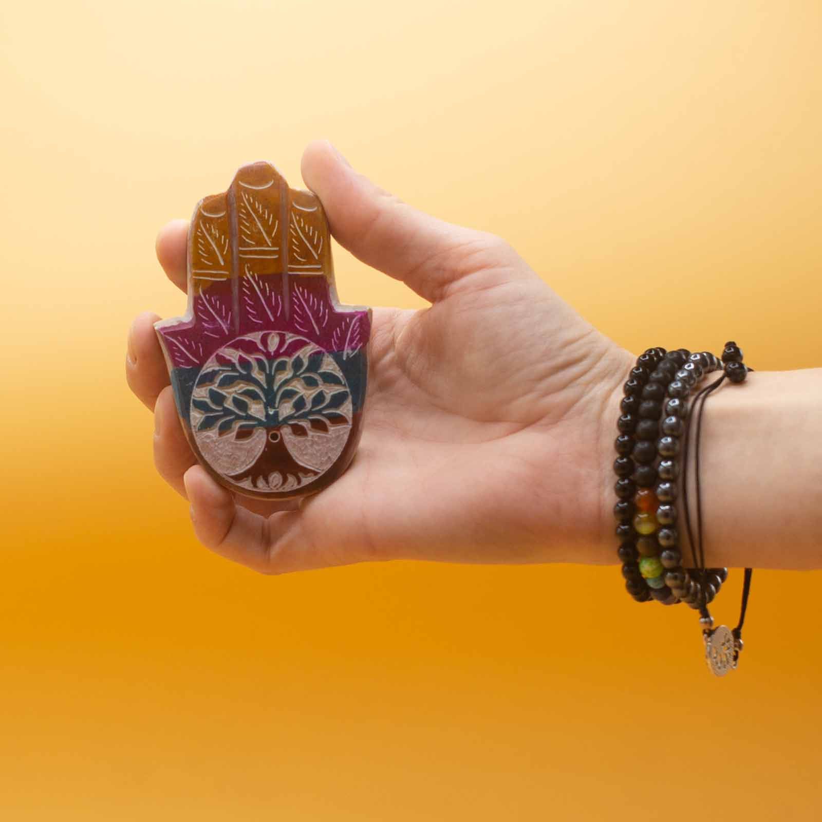 Porta Incienso Hamsa de Esteatita 9x6cm - Árbol de la Vida - Imagen 2