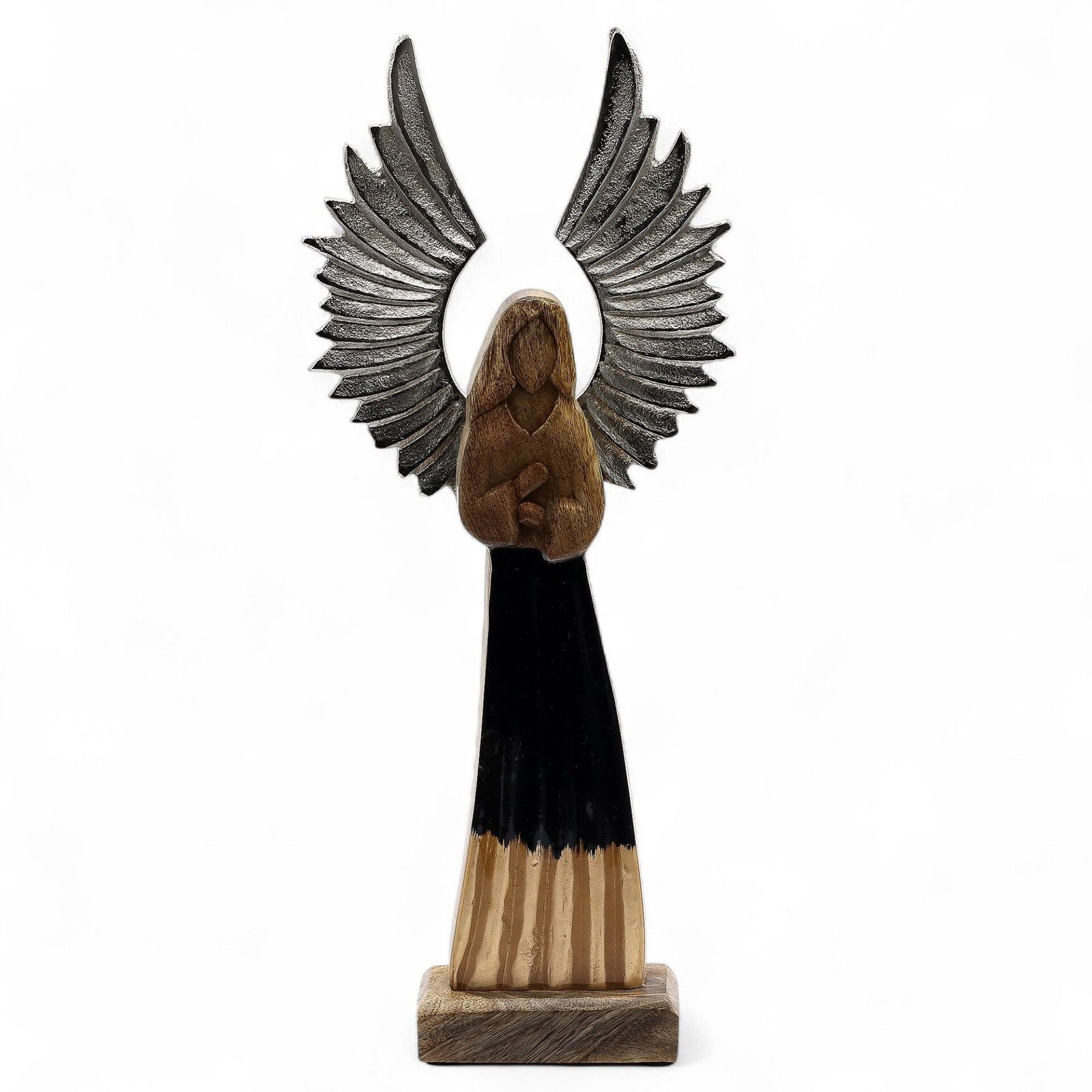Ángel guardián de madera de mango grande, alas de metal y detalle esmaltado - Imagen 2