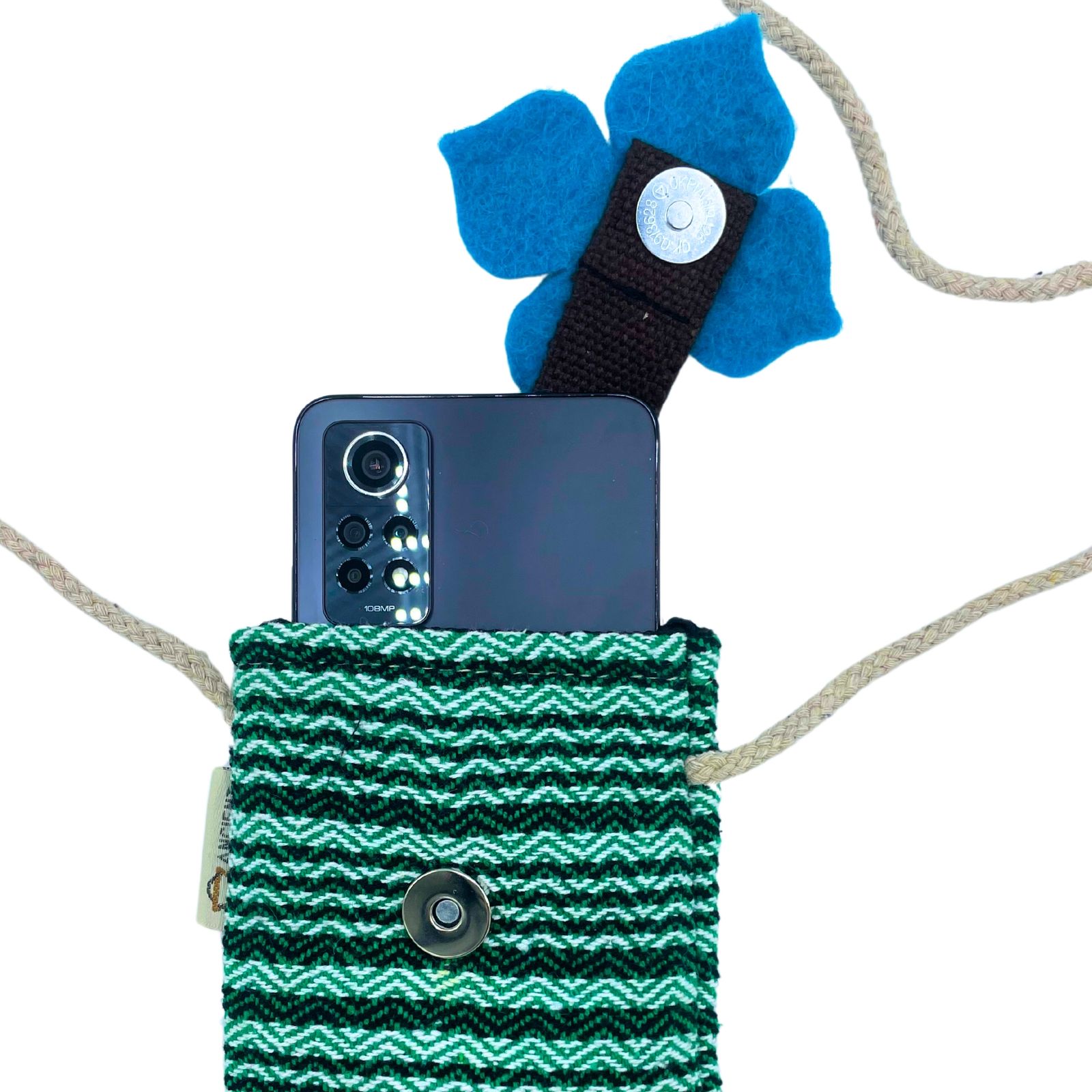 Bolso Porta Teléfono con Rayas Verdes - Decorado con flores - Imagen 4