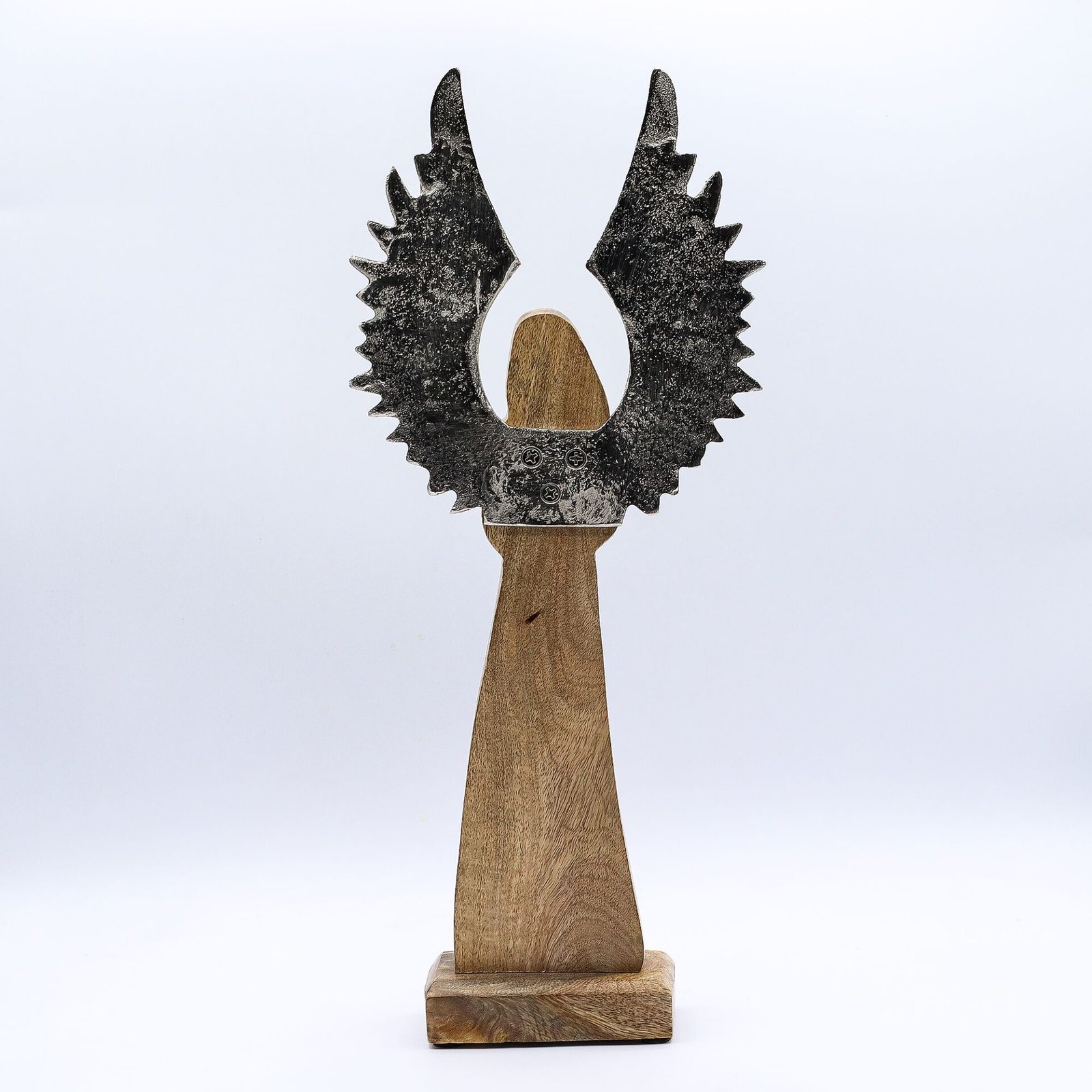 Ángel guardián de madera de mango grande, alas de metal y detalle esmaltado - Imagen 5