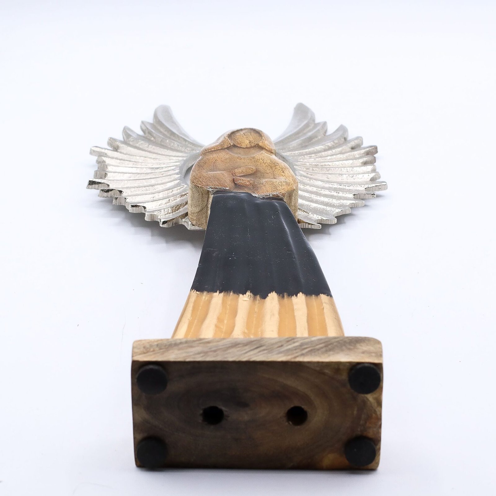 Ángel guardián de madera de mango grande, alas de metal y detalle esmaltado - Imagen 7