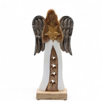 Ángel de madera de mango, alas metálicas y detalle esmaltado 30x14 cm.