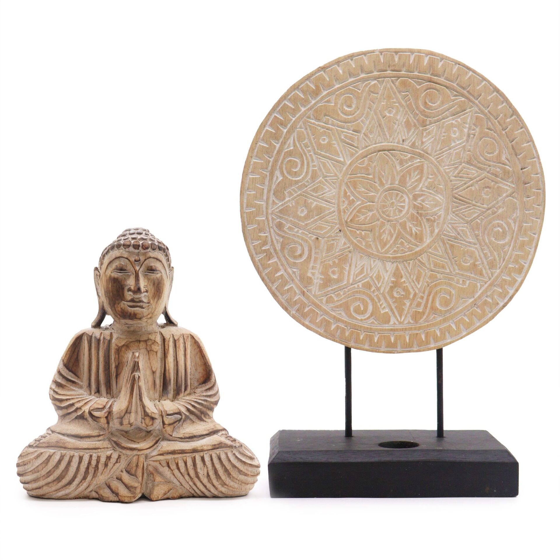 Set Feng Shui: Buda y Rueda Espiritual de Madera Natural
