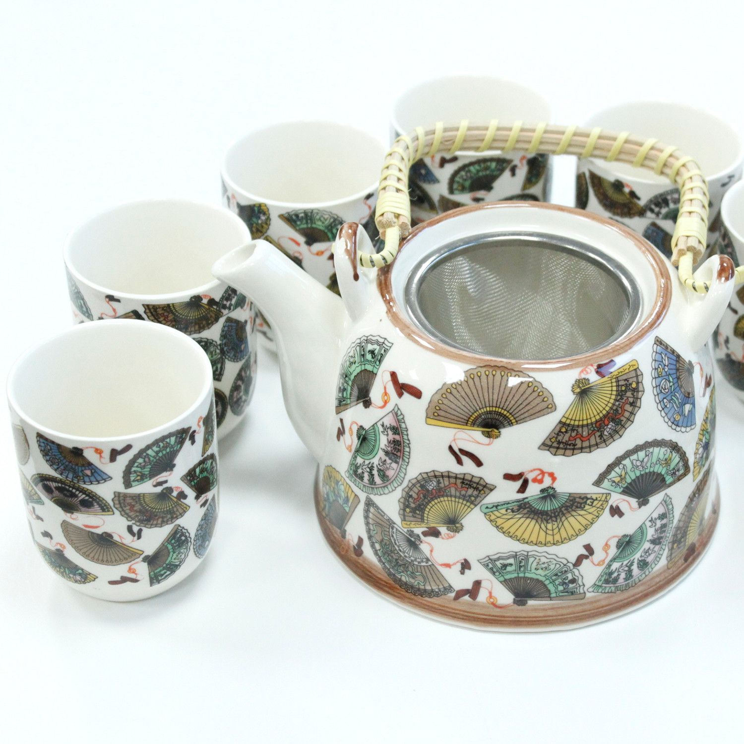 Juego de Té Oriental Abanicos con Asa de Bambú y 6 Tazas