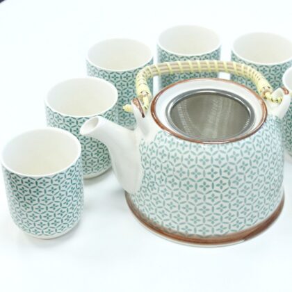 Juego de Té Ritual «Geometría Sagrada y Sanación Verde» (Tetera + 6 Vasos)