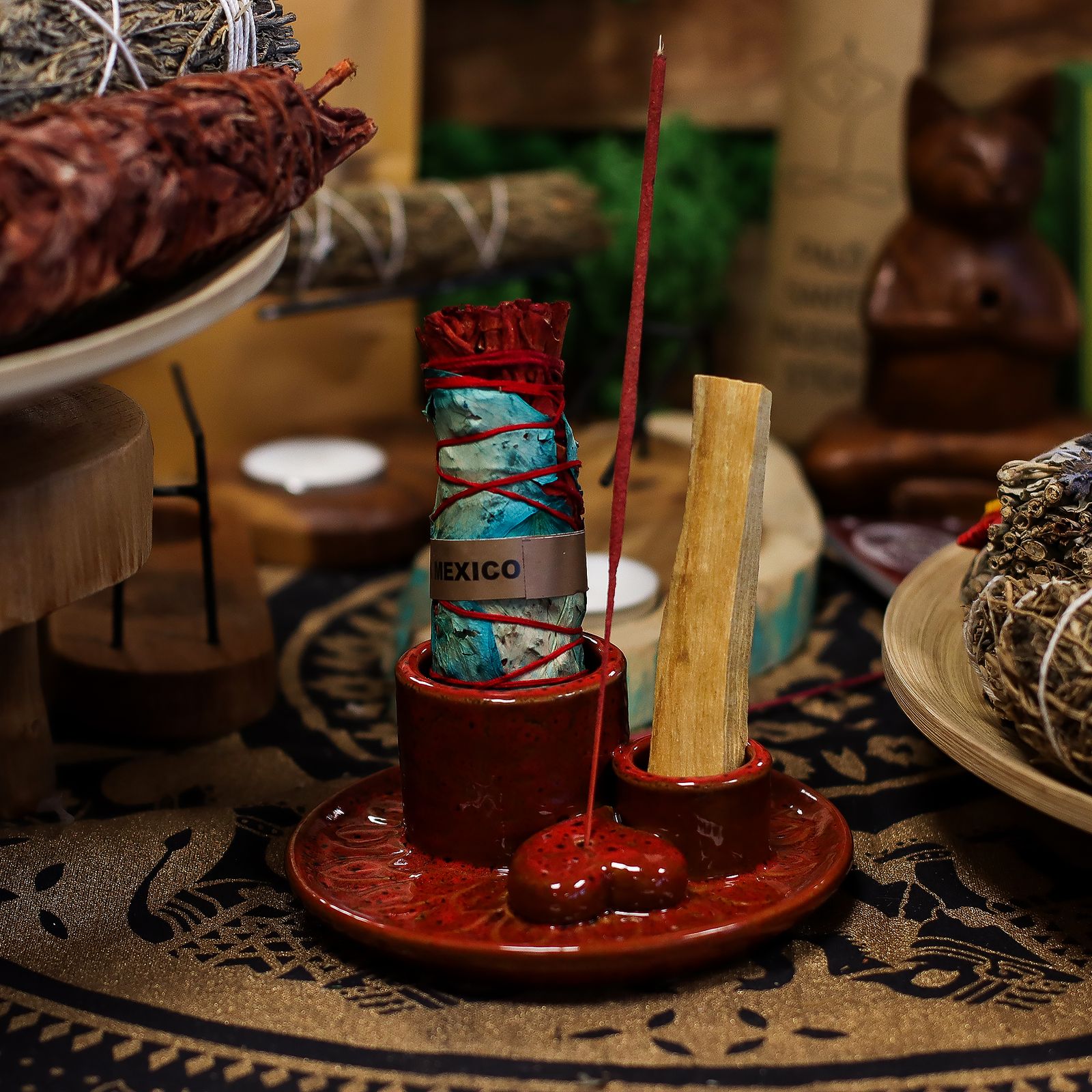 Soporte cerámico para Palo Santo e Incienso - Mandala - Rojo corazón - Imagen 2